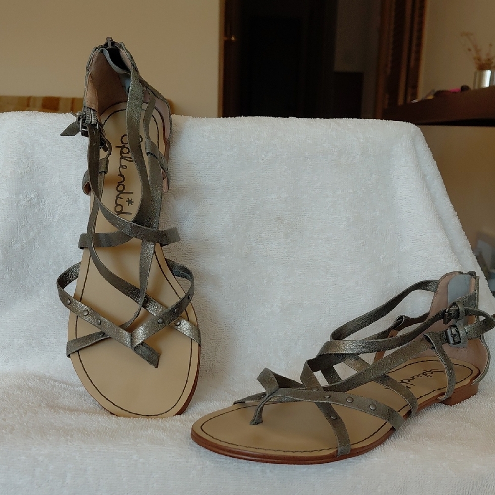 Splendid Distressed Silver Strappy Leather Flat Sandals